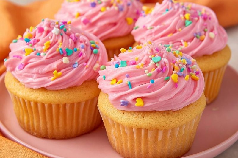 Fluffige Vanille-Cupcakes mit Erdbeer-Frosting