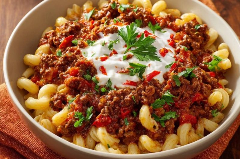 Fusilli mit Hacksoße und Joghurt-Topping (Nie wieder klumpiges Hackfleisch!)