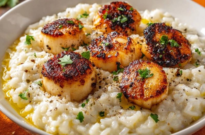 Gebratene Jakobsmuscheln auf cremigem Risotto