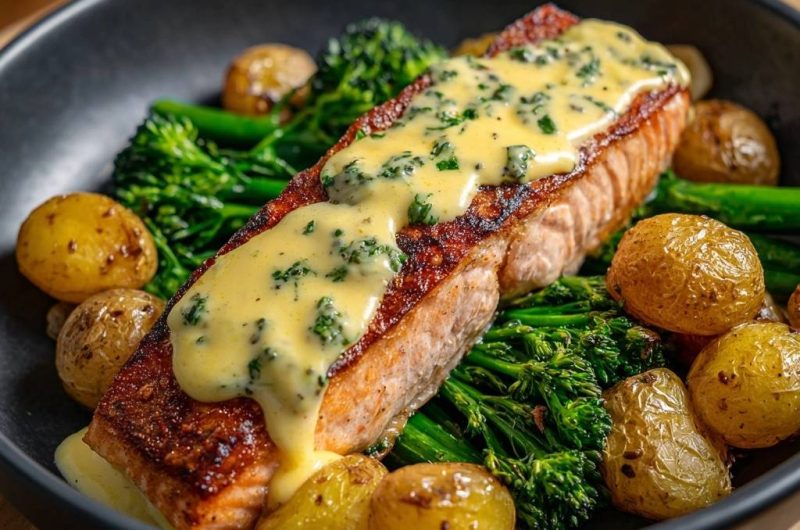 Gebratenes Lachsfilet auf wildem Brokkoli und Röstkartoffeln