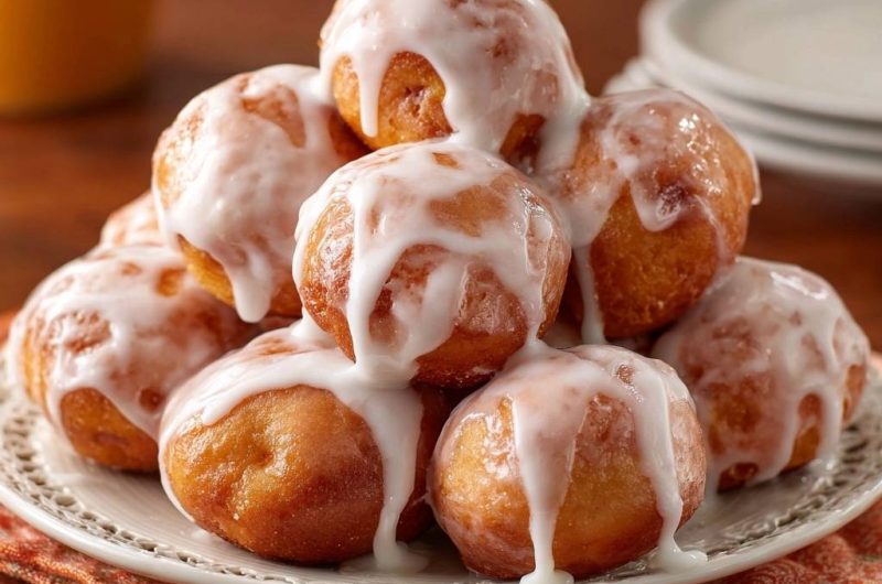 Goldene Quarkbällchen mit dicker Zuckerglasur