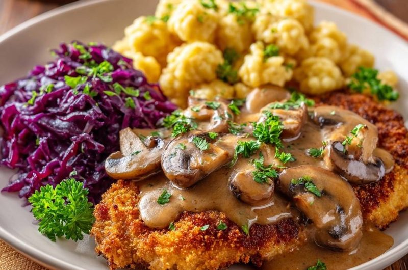 Hähnchenschnitzel mit Pilzrahmsauce, Knödeln und Rotkraut