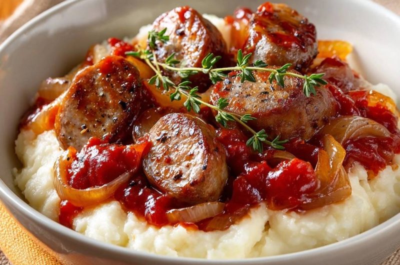 Herzhafte Bratwurst-Pfanne auf Kartoffelstampf