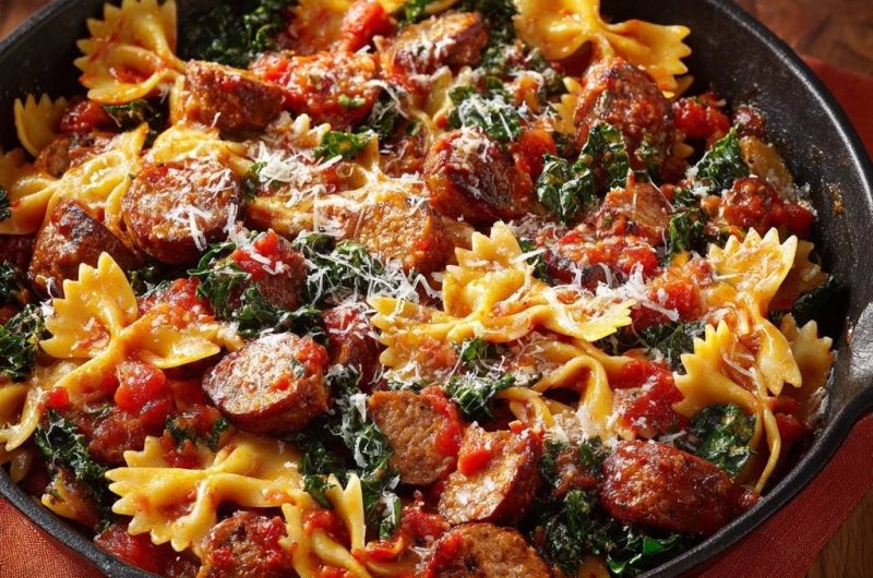 Herzhafte Farfalle-Pfanne mit Wurst und Grünkohl