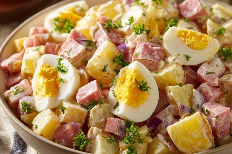 Klassischer Kartoffelsalat mit Ei und Schinken
