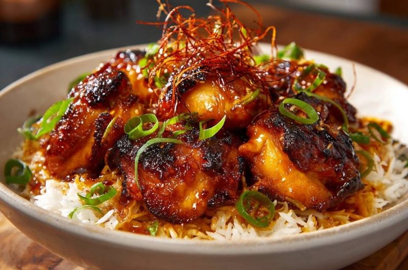 Klebriges Teriyaki-Hähnchen auf Reis