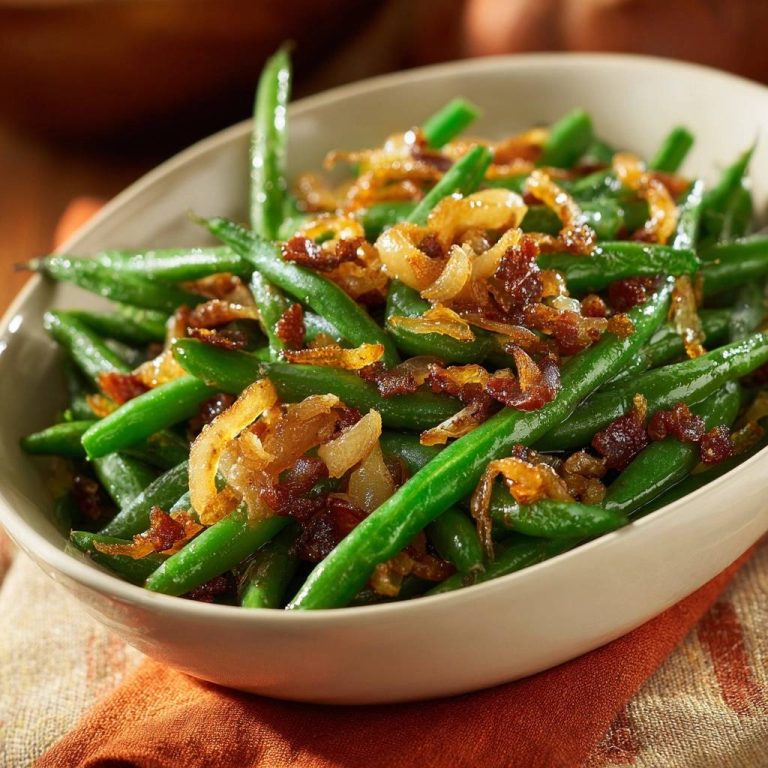 Knackige Grüne Bohnen mit Speck und Karamellzwiebeln