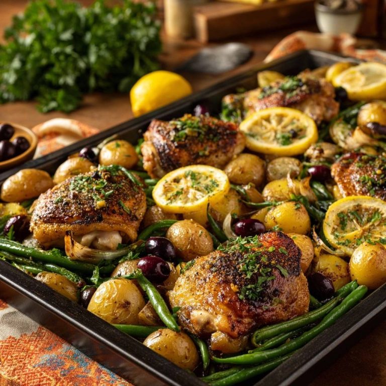 Knusprige Hähnchenkeulen mit Ofenkartoffeln, Bohnen, Oliven & Zitrone