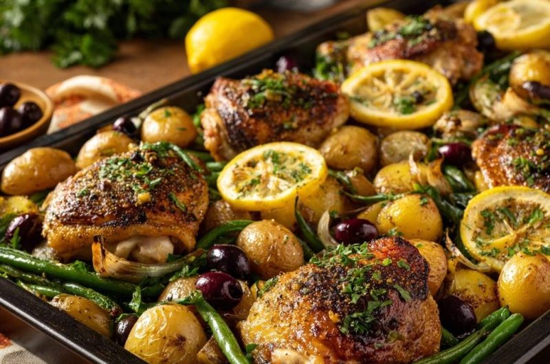 Knusprige Hähnchenkeulen mit Ofenkartoffeln, Bohnen, Oliven & Zitrone
