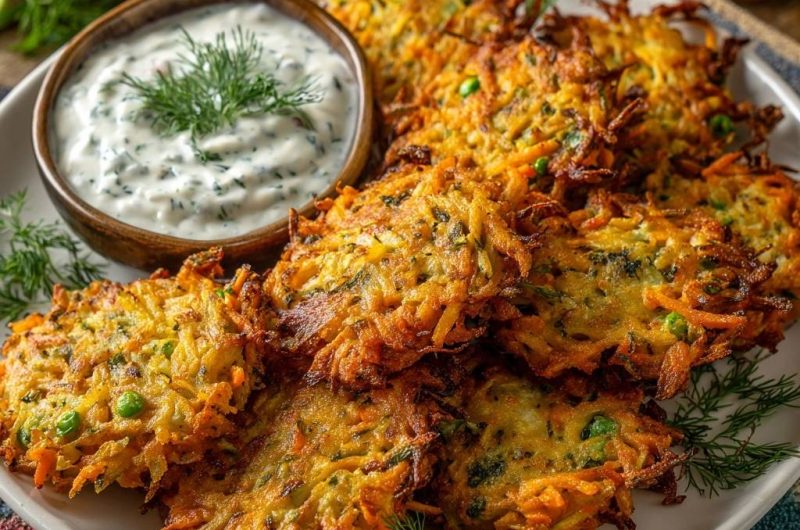 Knusprige Karotten-Zucchini-Rösti mit Erbsen & Dill-Dip