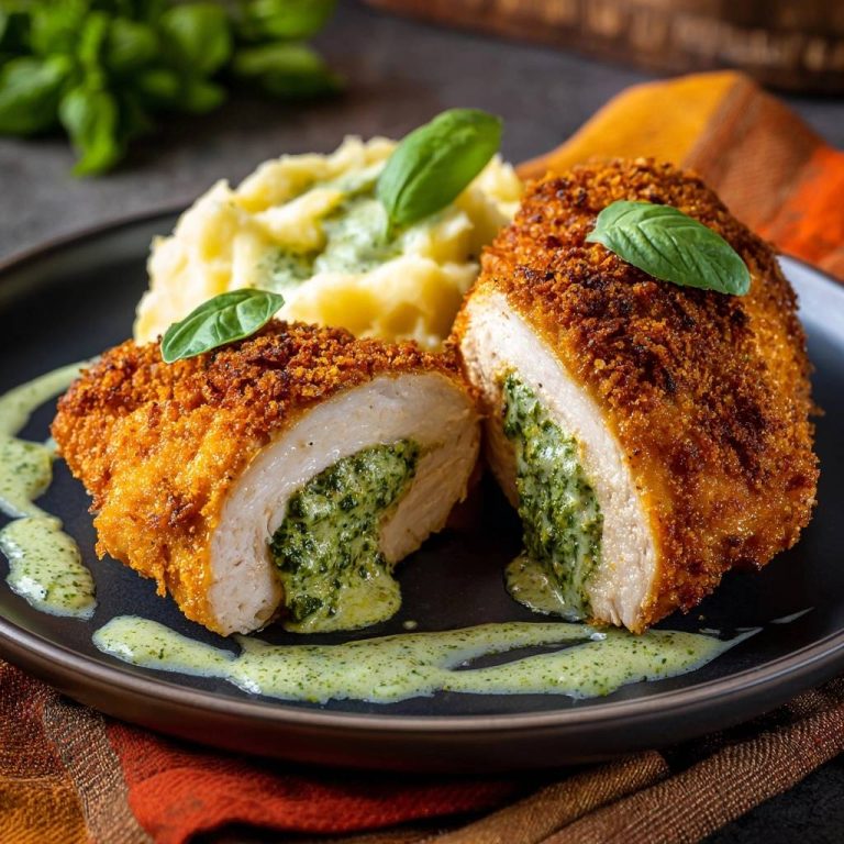 Knuspriges Hähnchen Kiew mit Basilikum-Füllung