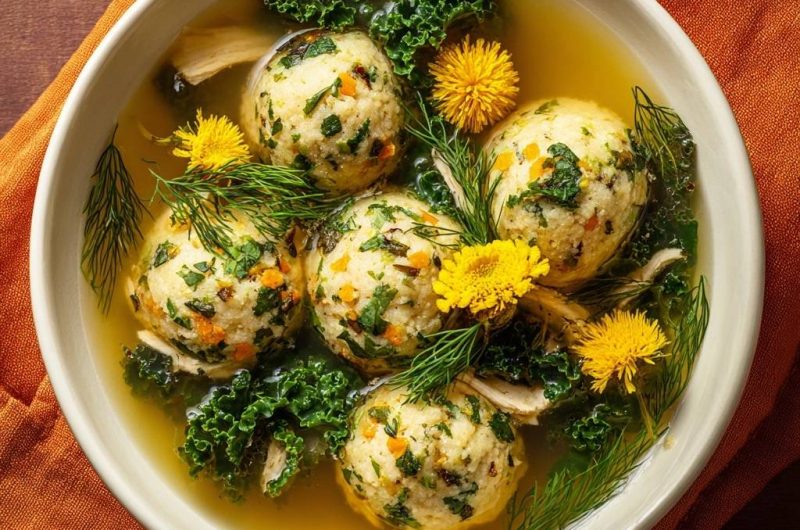 Kräuter-Grießklößchen-Suppe mit Grünkohl und Huhn