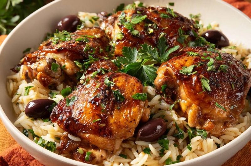 Mediterrane Hähnchenschenkel auf Orzo