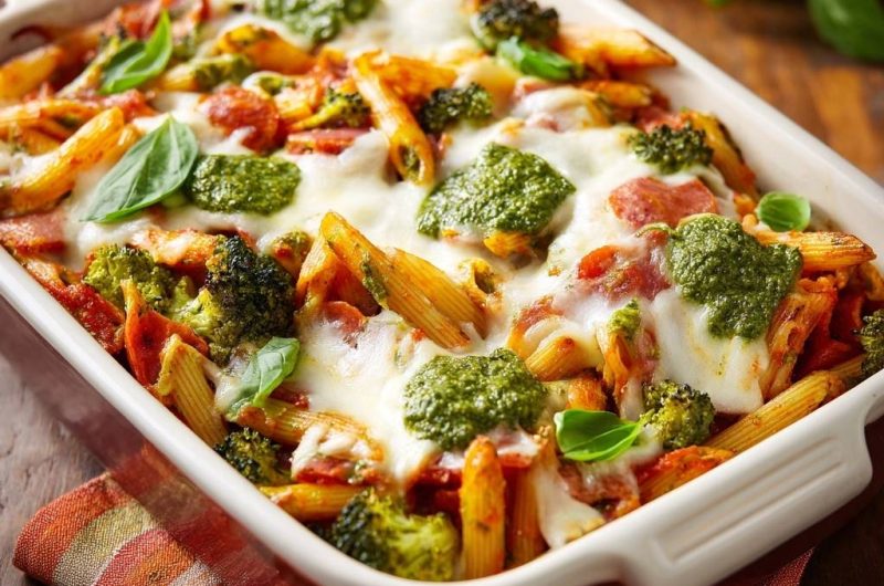 Mediterraner Penne-Auflauf mit Brokkoli und Pesto