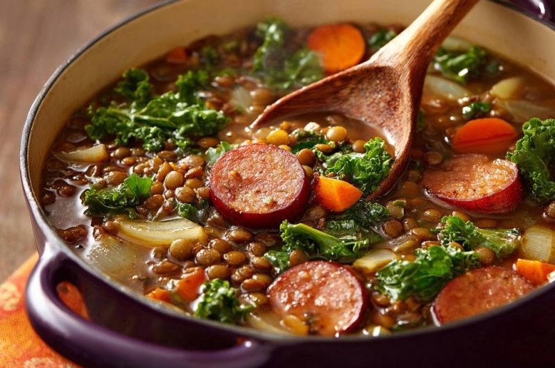 Sämiger Linseneintopf mit Grünkohl, Karotten & Wurst