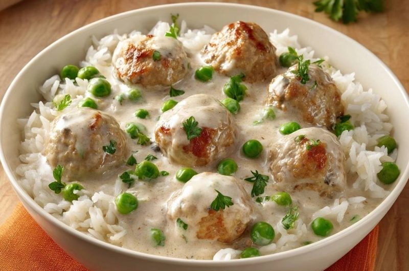 Saftige Hähnchenbällchen in cremiger Erbsen-Sahnesoße