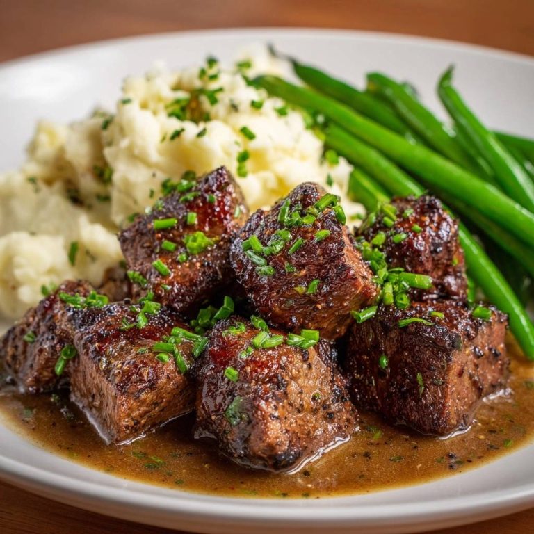 Saftige Rindfleischwürfel mit Kartoffelpüree und grünen Bohnen
