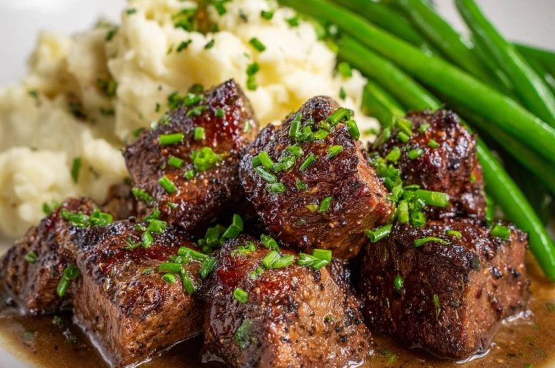 Saftige Rindfleischwürfel mit Kartoffelpüree und grünen Bohnen