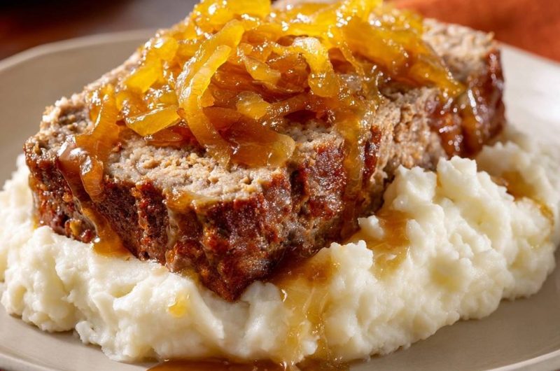Saftiger Zwiebel-Meatloaf auf Kartoffelpüree