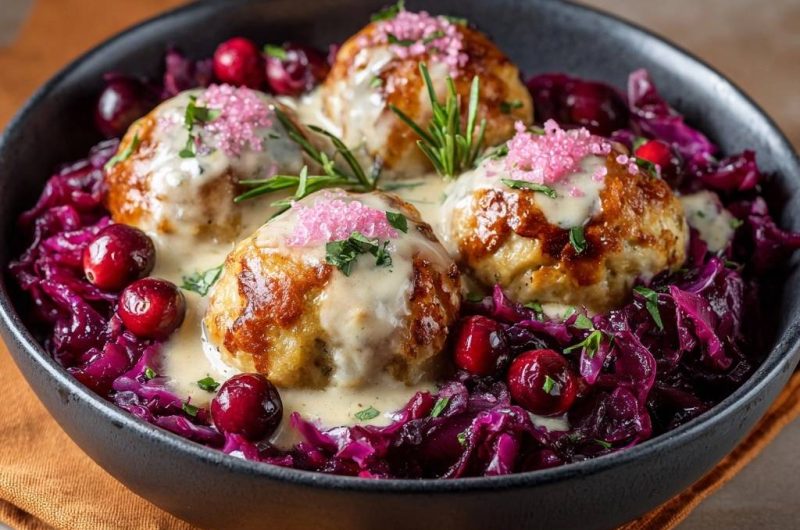 Schwedische Fleischbällchen mit Rotkohl und Preiselbeeren