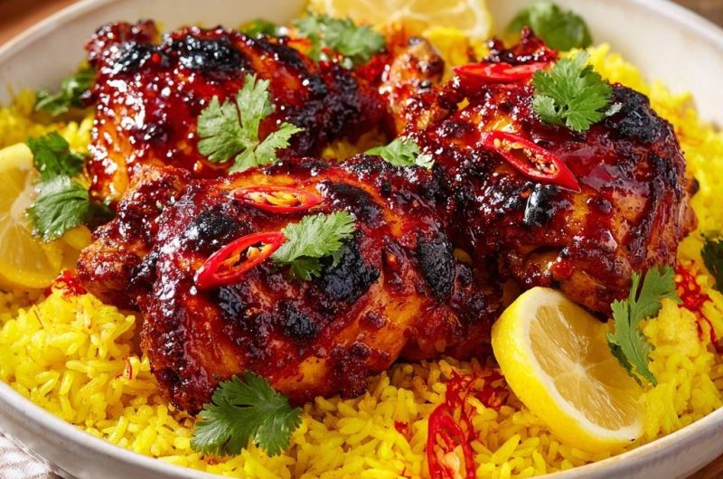 Sticky Glazed Hähnchen mit Kurkumareis