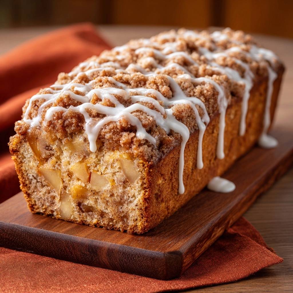 Apfel-Streuselkuchen in Nahaufnahme mit knusprigen Streuseln und glänzendem Zuckerguss, der über die Seiten tropft. Ein köstlicher Kuchen.