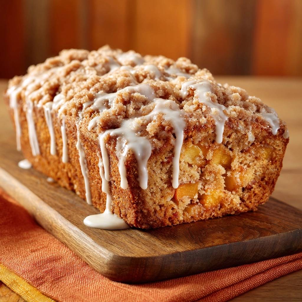 Apfel Streuselkuchen Nahaufnahme Glaze 1 Apfel-Streuselkuchen in Nahaufnahme mit köstlicher Streusel-Topping und glasierten Zuckerguss, der über die Seiten tropft.