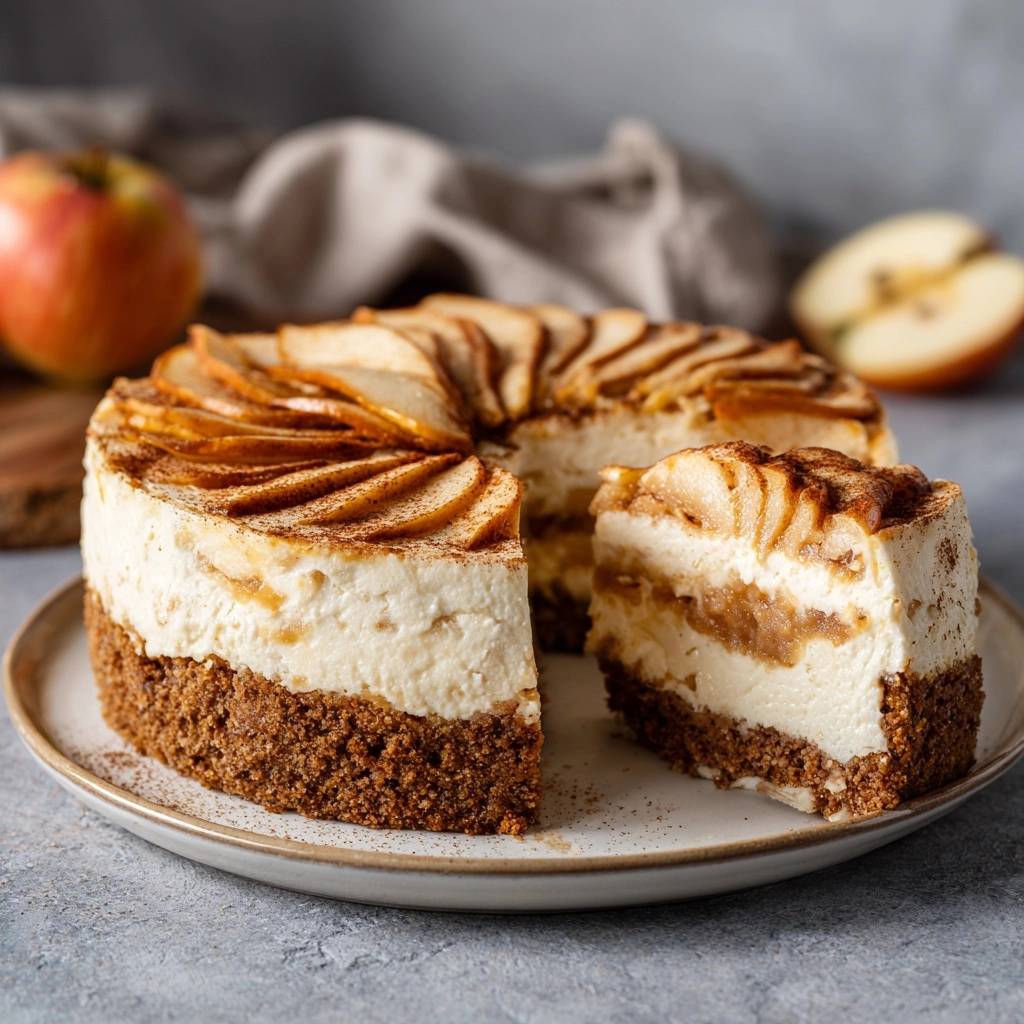 Apfel Zimt Cheesecake Querschnitt 1 Apfel-Zimt-Cheesecake mit einem saftigen Querschnitt, der die cremigen Schichten und das Apfelfüllung zeigt.
