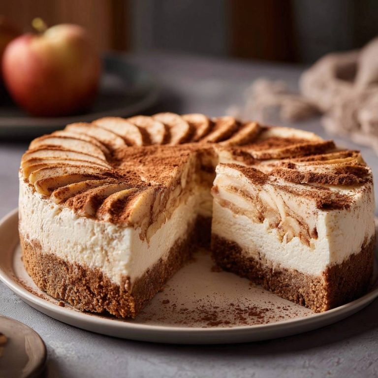 Apfel-Zimt-Cheesecake: Ein köstlicher Kuchen mit Zimt, dessen Anschnitt die saftigen Apfelscheiben und die cremige Füllung zeigt.