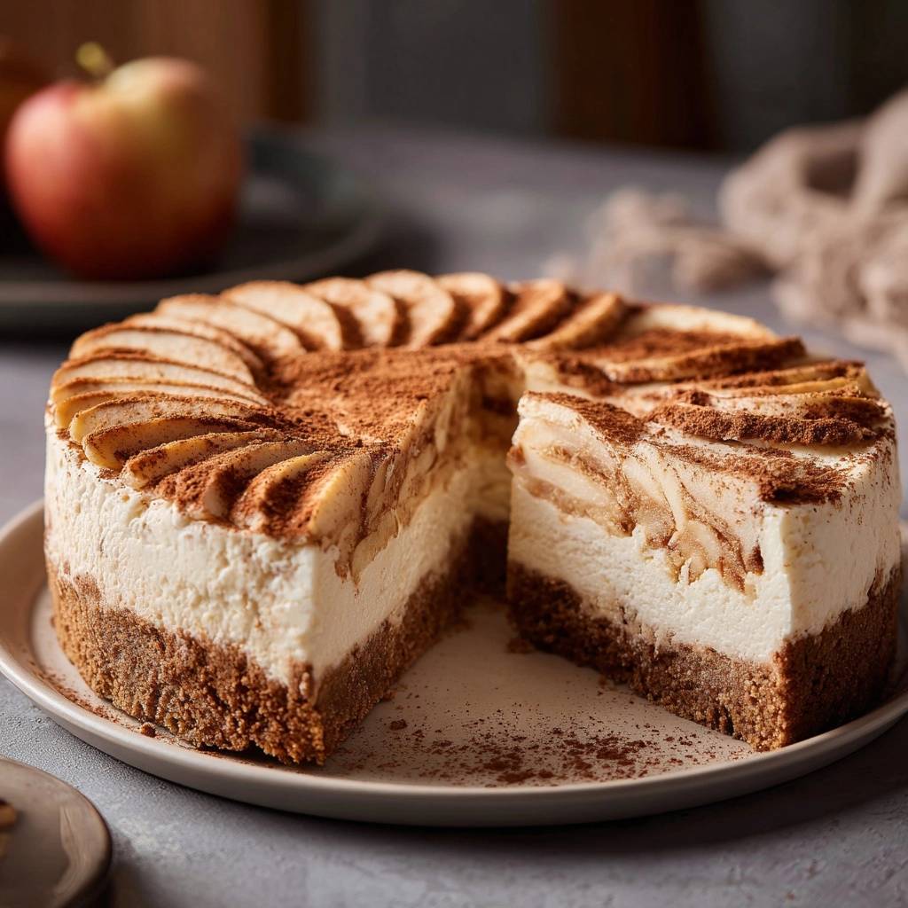 Apfel-Zimt-Cheesecake: Ein köstlicher Kuchen mit Zimt, dessen Anschnitt die saftigen Apfelscheiben und die cremige Füllung zeigt.