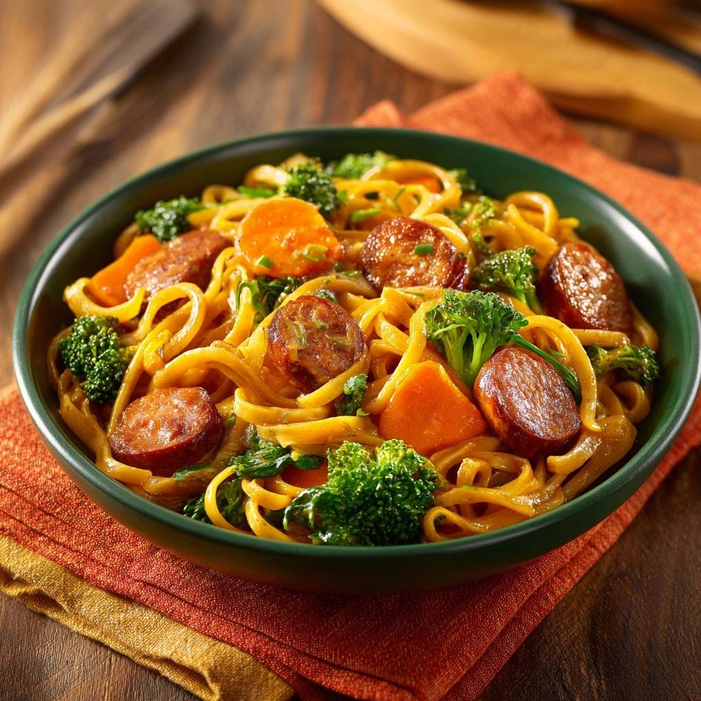 Asiatische Brokkoli-Nudel-Pfanne mit Karotten & Würstchen, serviert in einer grünen Schüssel, mit frischem Gemüse und Wurst.