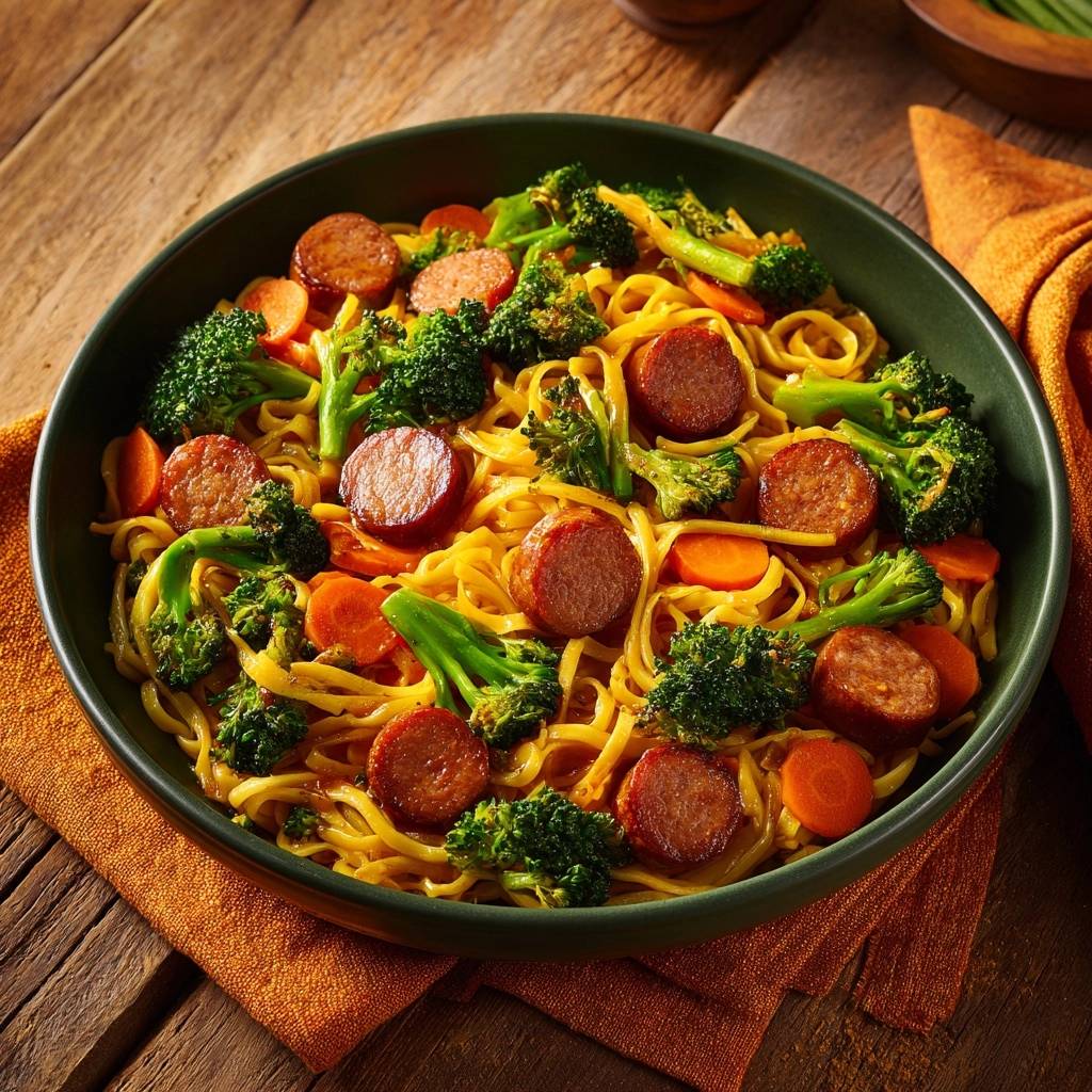 Asiatische Brokkoli-Nudel-Pfanne mit Karotten & Würstchen in einer grünen Schüssel von oben, mit frischem Gemüse und Wurst.