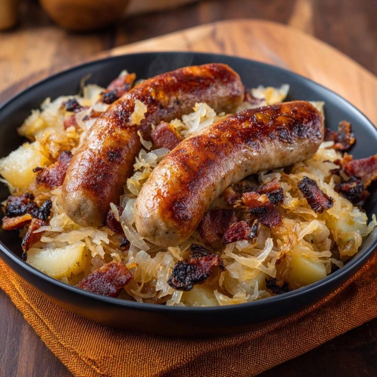 Bratwürste mit Sauerkraut, Kartoffeln und Speck, serviert in einer dunklen Schüssel, aus der Draufsicht fotografiert. Knuspriger Speck und leicht gebräunte Würstchen.