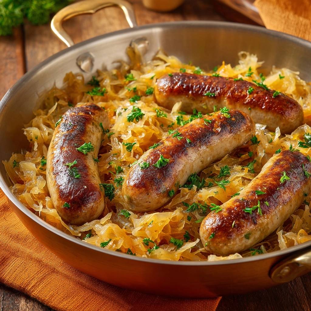 Bratwürste mit knackigem Sauerkraut in einer Pfanne serviert, garniert mit frischer Petersilie. Saftige Bratwürste auf goldgelbem Sauerkraut präsentieren sich von oben.
