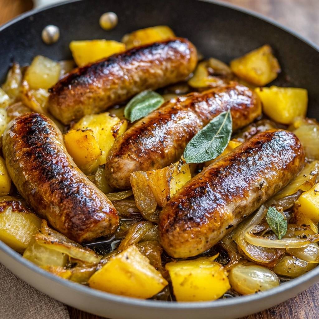 Bratwurst Mit Kartoffeln Und Zwiebeln Draufsicht 1 Bratwurst mit Kartoffeln und Zwiebeln, serviert in einer Pfanne von oben, mit goldbraun gebratenen Würstchen und Kartoffeln.