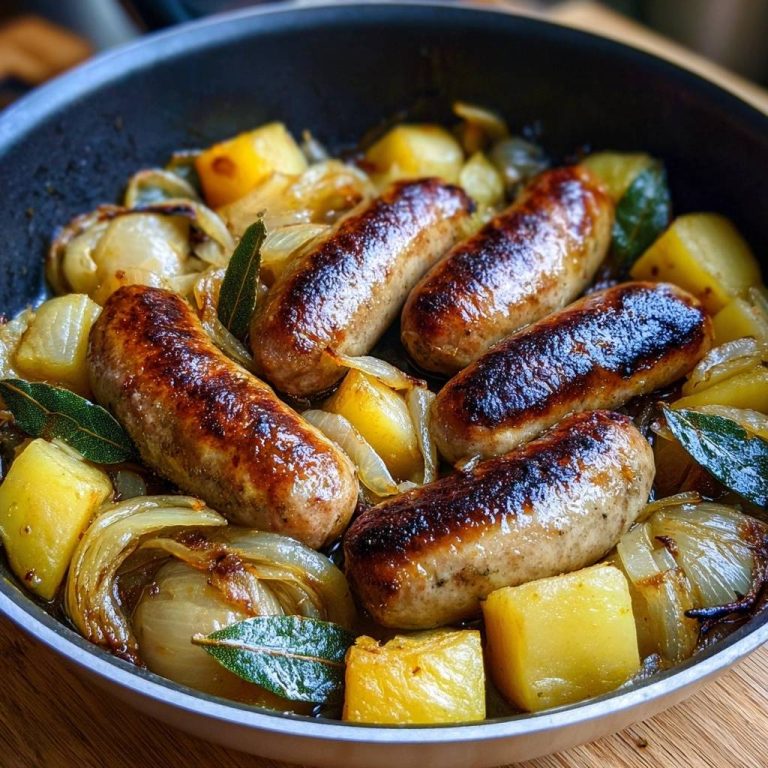 Bratwurst mit Kartoffeln und Zwiebeln, serviert in einer Pfanne, mit goldbraun gebratenen Würstchen, Kartoffelstücken und Zwiebeln von oben.