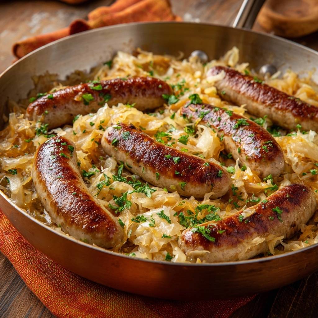 Bratwurst Mit Sauerkraut Draufsicht Serviert 1 Bratwürste mit knackigem Sauerkraut in einer Pfanne serviert, garniert mit frischer Petersilie, goldbraun gebraten und saftig.