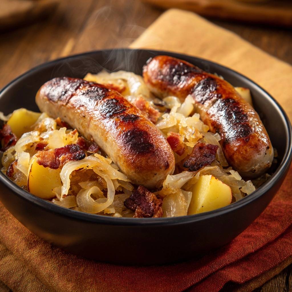 Bratwurst Mit Sauerkraut Kartoffeln Und Speck Serviert 1 Bratwürste mit Sauerkraut, Kartoffeln und Speck in einer schwarzen Schüssel serviert, dampfend und appetitlich angerichtet.