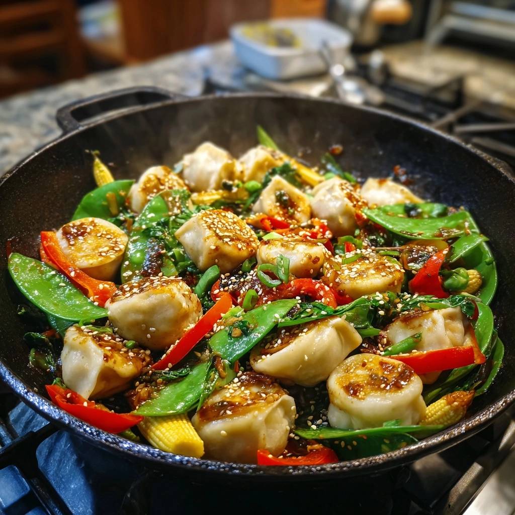 Bunte Dumpling Pfanne Mit Knusper Garantie Draufsicht 1 Bunte Dumpling-Pfanne mit Knusper-Garantie, von oben betrachtet, zeigt die knusprig gebratenen Dumplings mit Sesam und frischem Gemüse.