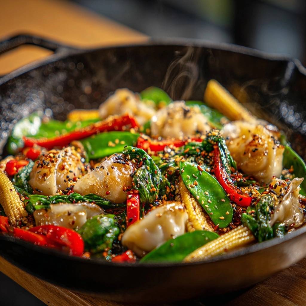 Bunte Dumpling-Pfanne mit Knusper-Garantie in einer Nahaufnahme, dampfend und mit Sesam bestreut, serviert in einer gusseisernen Pfanne.