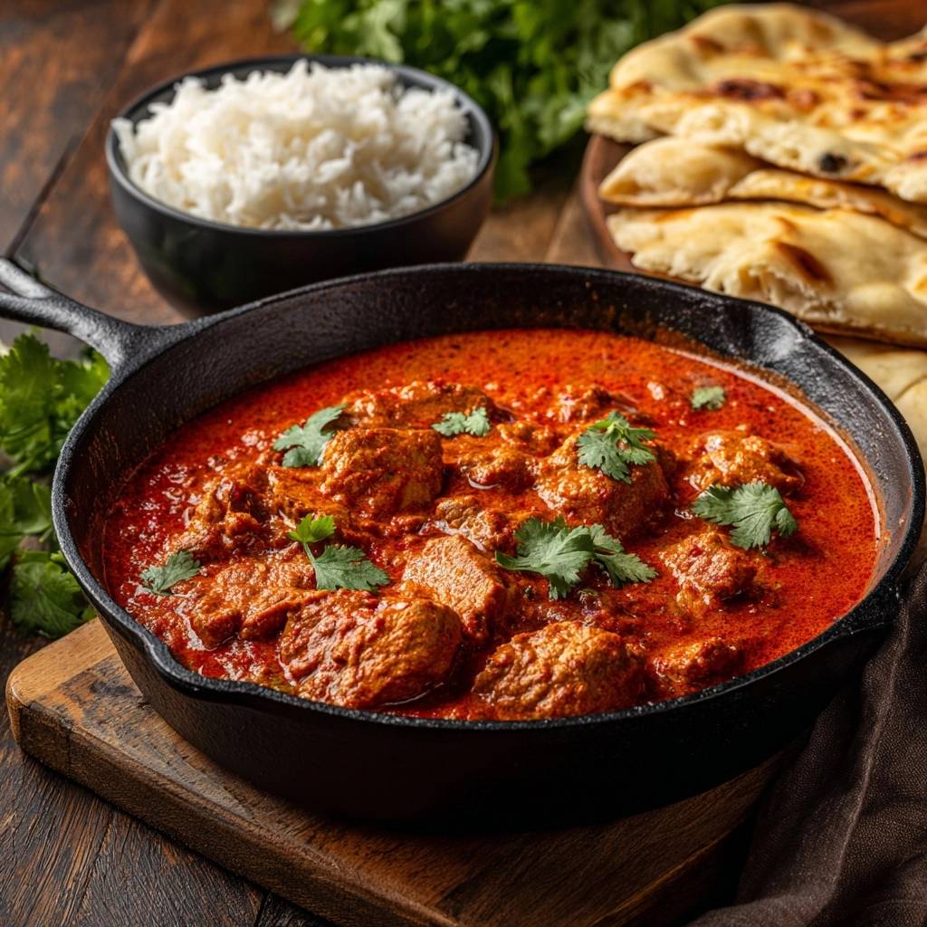 Butter Chicken mit Reis und Naan, serviert in einer gusseisernen Pfanne, garniert mit frischer Koriander, serviert mit Reis und Naanbrot.