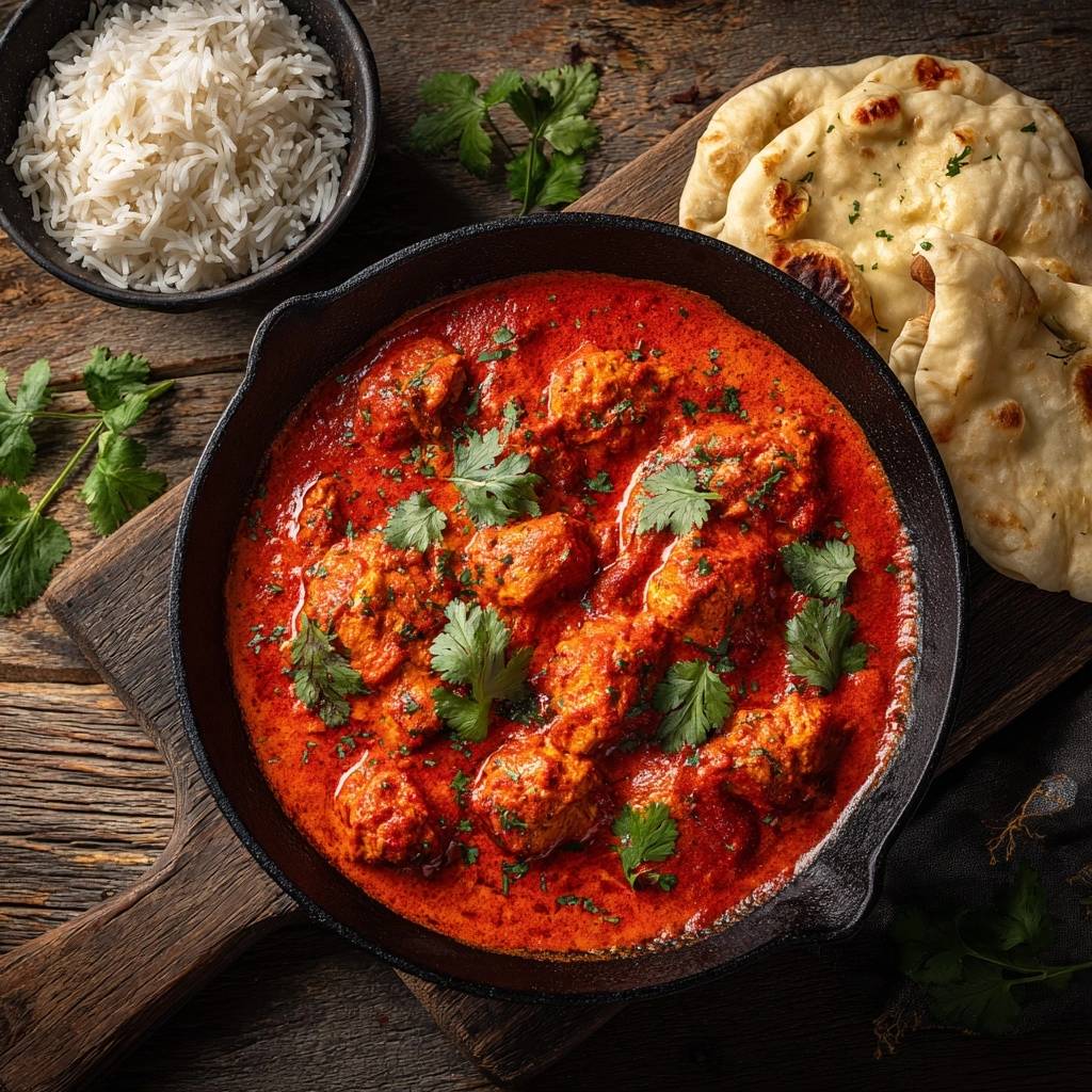 Butter Chicken mit Reis und Naan, serviert in einer Pfanne, garniert mit frischem Koriander, mit Fladenbrot und Reis daneben.
