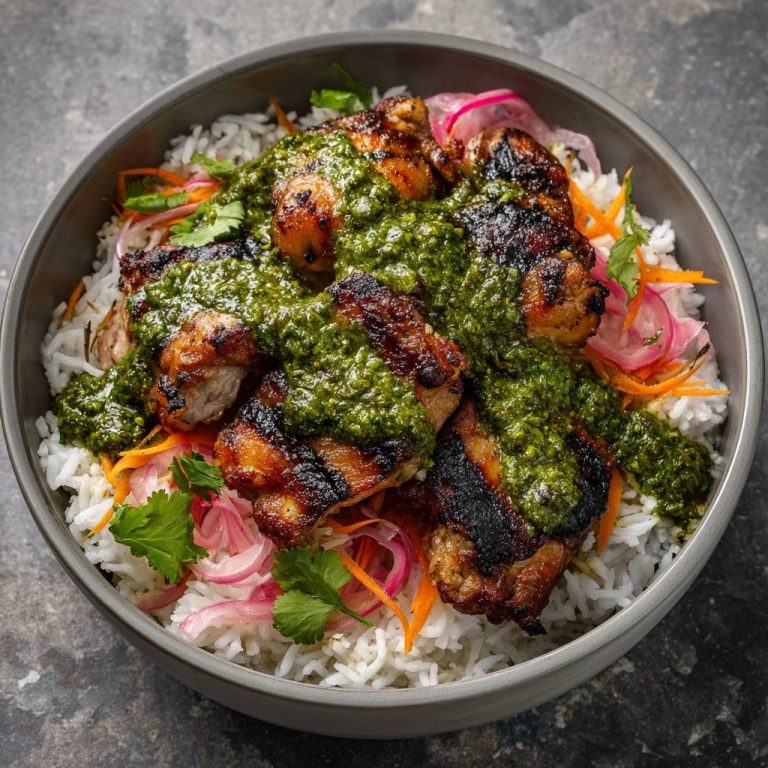 Chimichurri-Hähnchen-Bowl mit Reis, serviert in einer Schüssel, mit saftigem Hähnchen und einer leckeren Chimichurri-Sauce von oben betrachtet.