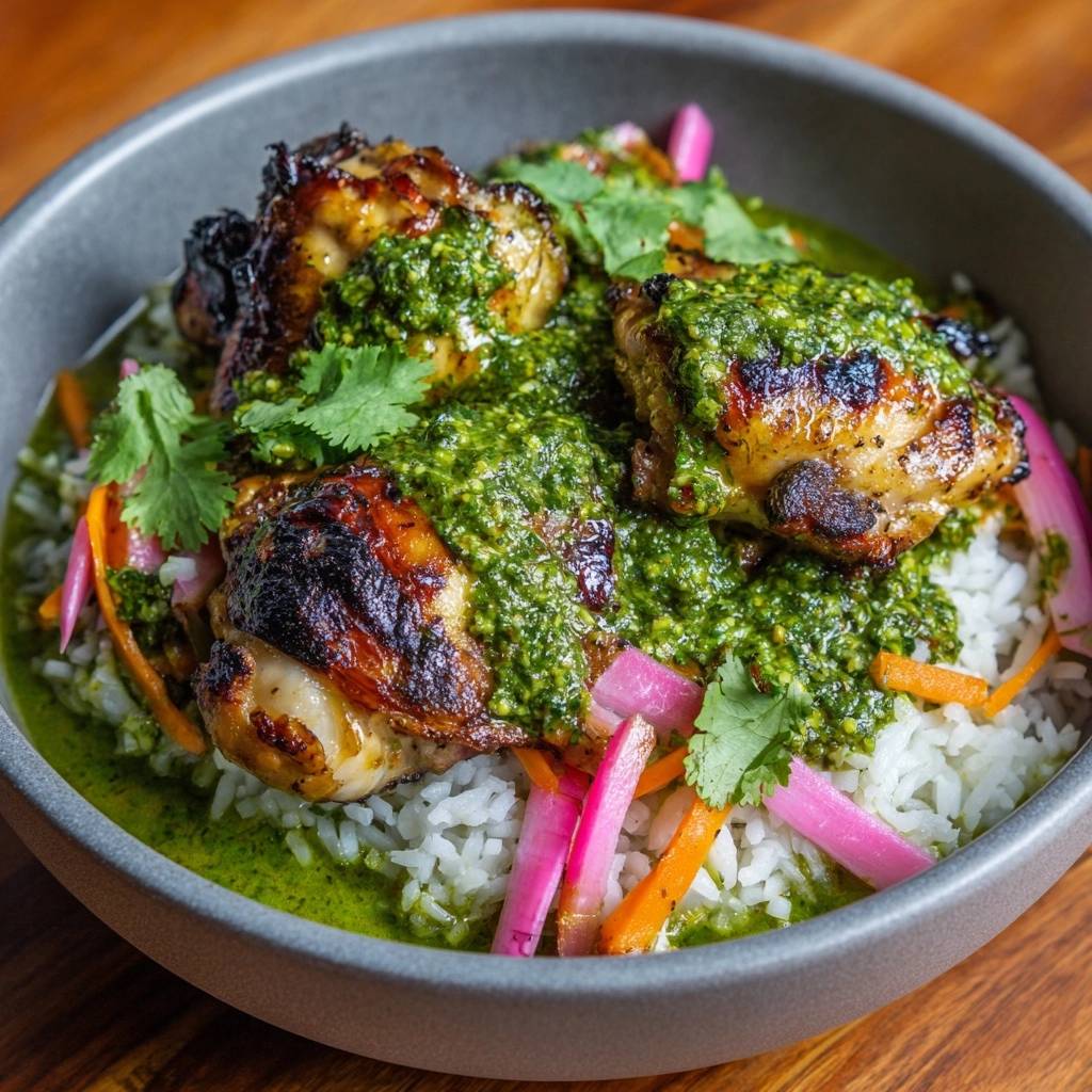 Chimichurri Huhn Bowl Mit Reis Serviert 1 Chimichurri-Hähnchen-Bowl mit Reis, serviert in einer Schüssel, garniert mit frischem Koriander und eingelegtem Gemüse.