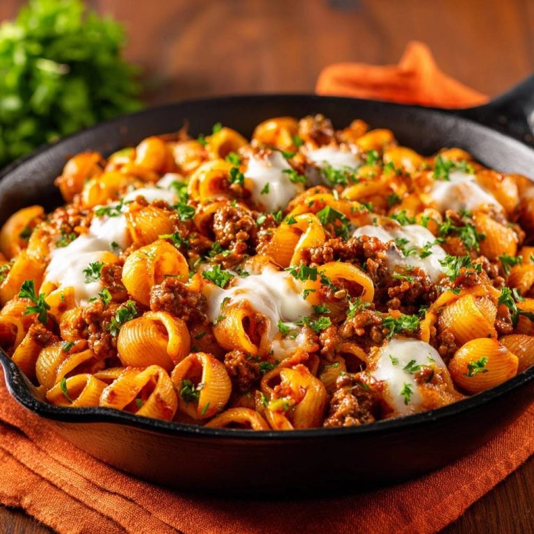 Conchiglie-Hack-Auflauf in einer gusseisernen Pfanne, serviert mit geschmolzenem Käse und frischer Petersilie von oben betrachtet.
