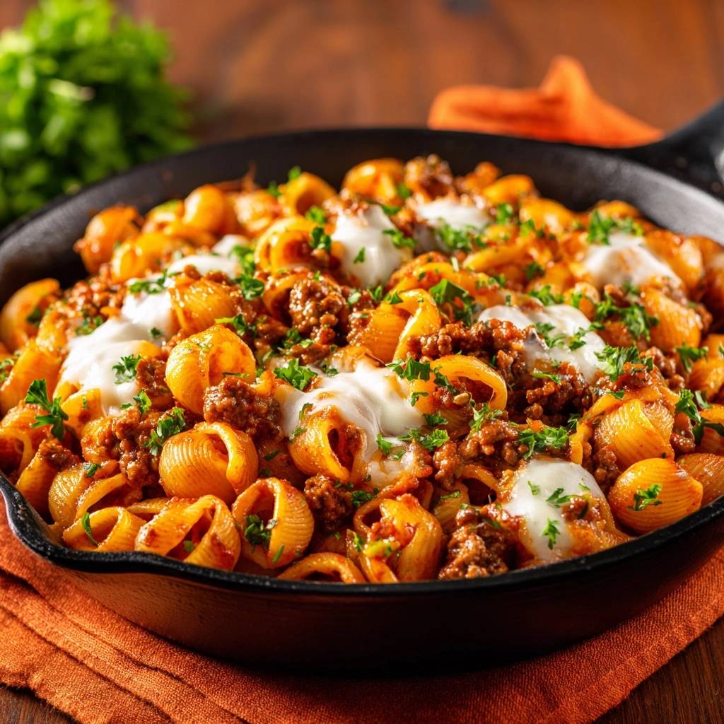 Conchiglie-Hack-Auflauf in einer gusseisernen Pfanne, serviert mit geschmolzenem Käse und frischer Petersilie von oben betrachtet.