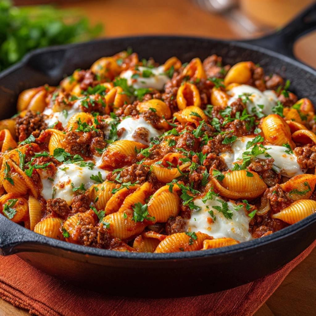 Conchiglie Hack Auflauf Nahaufnahme 1 Conchiglie-Hack-Auflauf in Nahaufnahme, dampfend heiß serviert in einer gusseisernen Pfanne, mit geschmolzenem Käse und frischer Petersilie garniert.