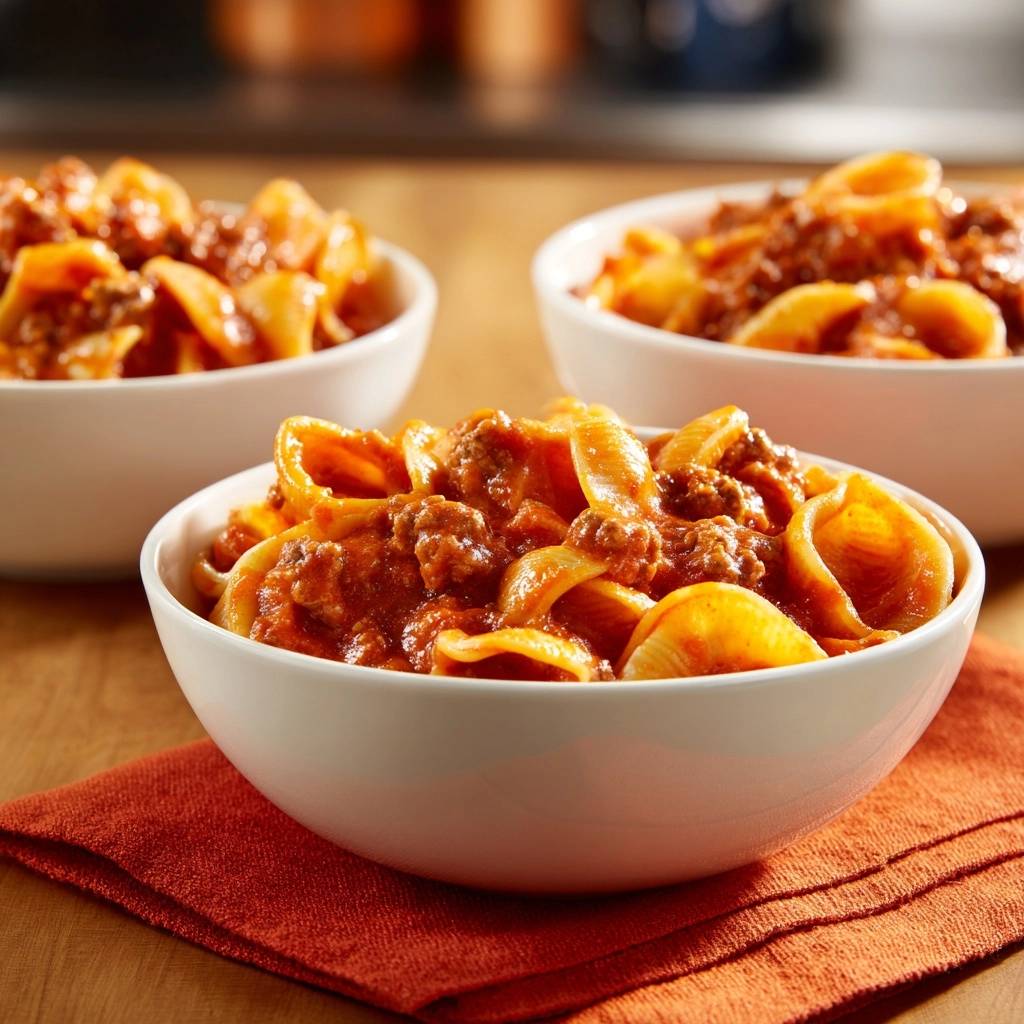 Conchiglie Mit Hackfleischsosse Serviert 1 Conchiglie mit perfekter Hackfleischsoße, serviert in drei weißen Schalen, bereit zum Genießen. Die Pasta ist mit reichlich Hackfleischsoße bedeckt.
