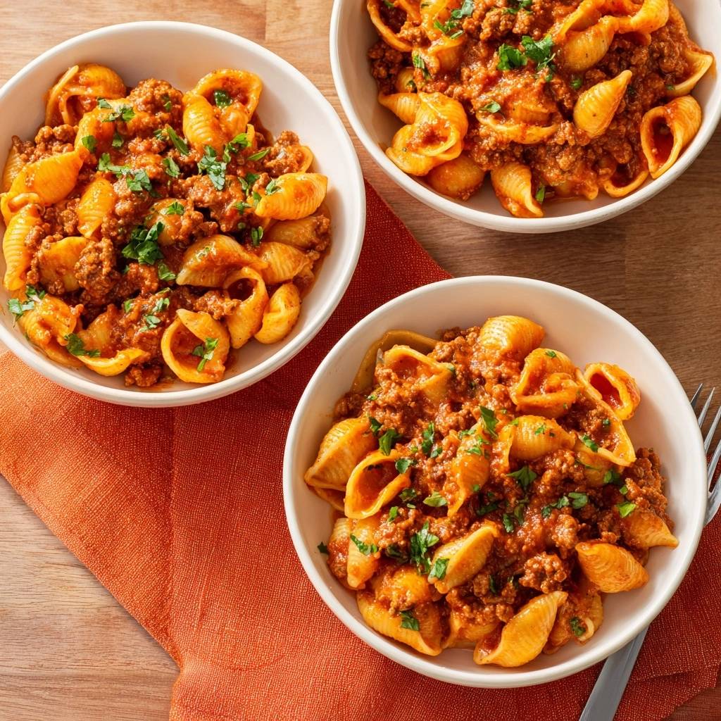 Conchiglie mit perfekter Hackfleischsoße in drei Schüsseln, serviert von oben, mit frischer Petersilie garniert und auf einem orangefarbenen Tischtuch platziert.