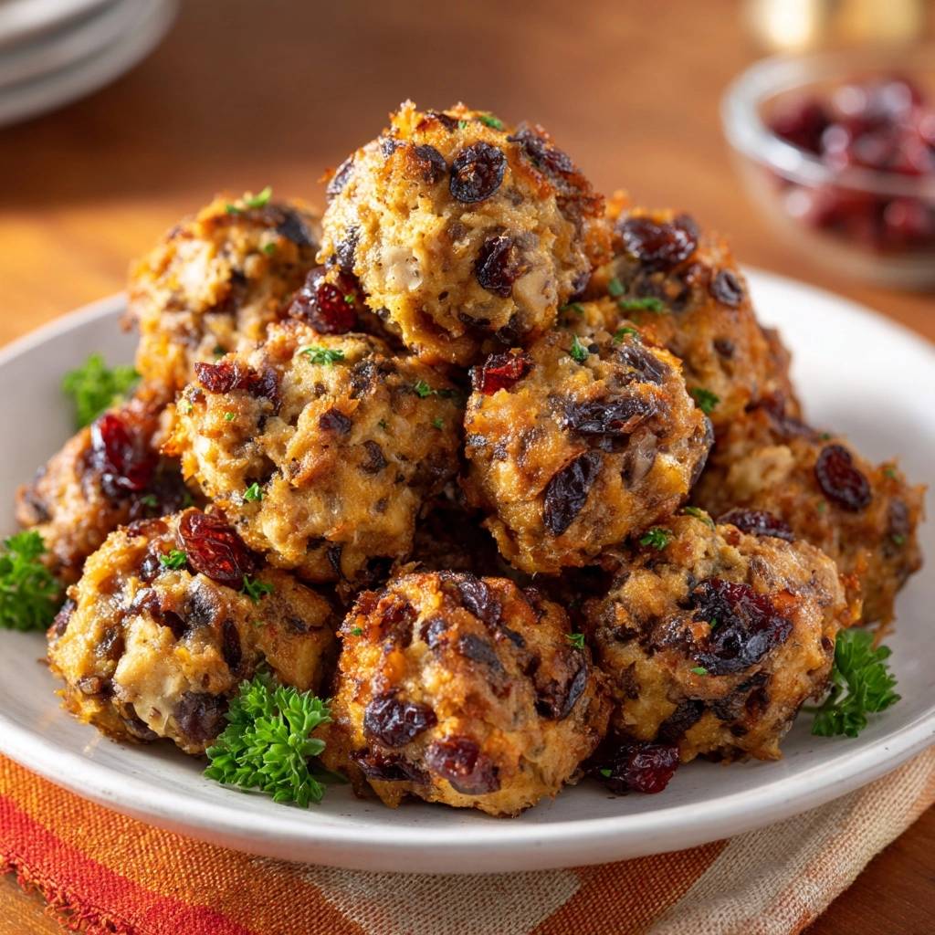 Saftige Cranberry-Hackbällchen als Nahaufnahme mit sichtbaren Cranberries und Petersilien-Garnitur auf einem Teller.